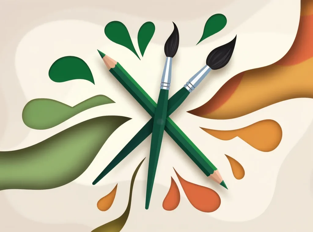 Paper-cut illustration of a paintbrush and pencil with leaf-shaped colour swatches, representing graphic design