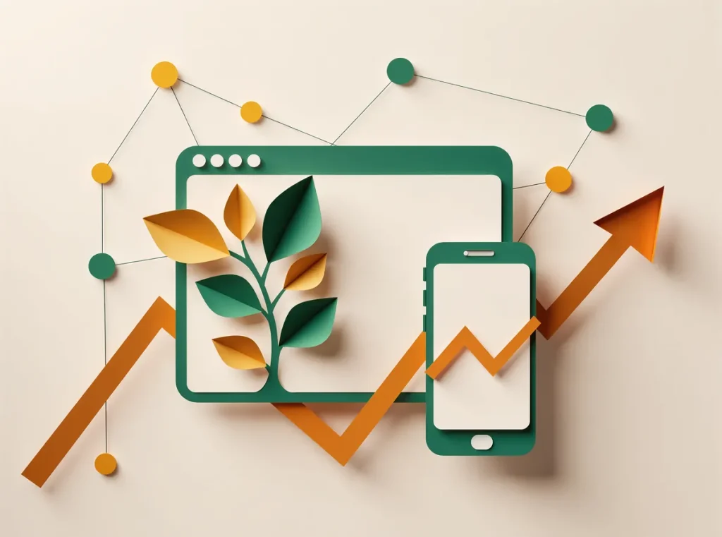 Paper-cut illustration of a browser window and phone with a sprouting plant and rising chart, representing web development