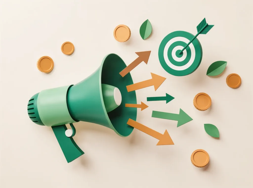 Paper-cut illustration of a megaphone sending arrows toward a target, representing paid media marketing