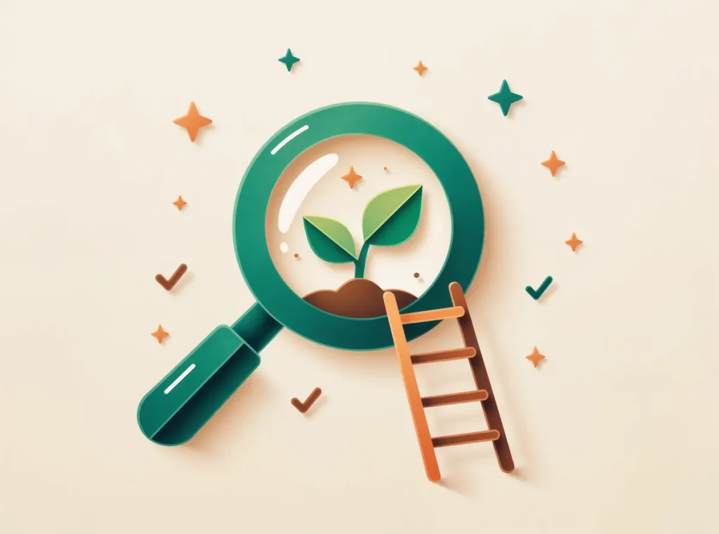 Paper-cut illustration of a magnifying glass with a sprouting plant and a ladder, representing search engine optimisation