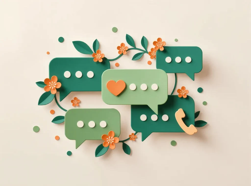 Paper-cut illustration of overlapping chat bubbles connected by a leafy vine, representing social media management